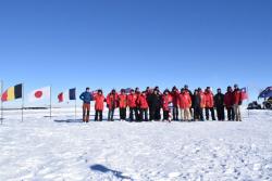 Group photo of all neutrino hunters currently at the ceremonial South Pole. Photo by Rishabh Khandelwal.