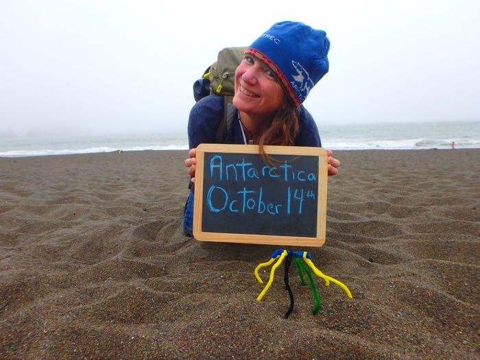 Amy Osborne on Rodeo Beach with a pipe cleaner sea spider announces her Antarctica depature date