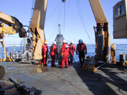 Lowering sampling instruments into the Chukchi Sea