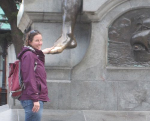 Rubbing the statue in Punta Arenas