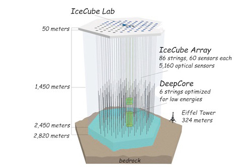 Diagram of the IceCube Neutrino Observatory.  Credit: IceCube Science Team / Francis Halzen, Department of Physics, University of Wisconsin.