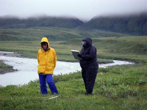 Laura and Mary taking percent cover at the Sagavanirktok River (Sag River)