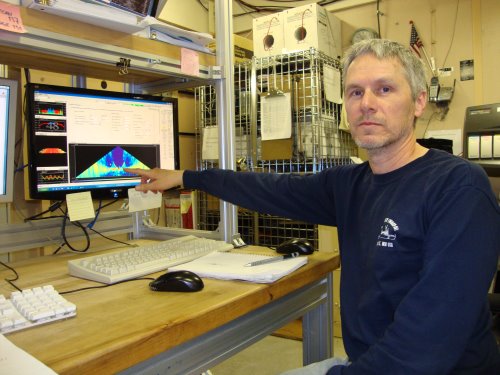 Steve Roberts, NCAR, explains the sonar systems