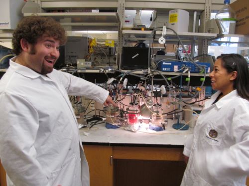 Elliot Friedman demonstrates the finer points of lab safety to me at the Angenen