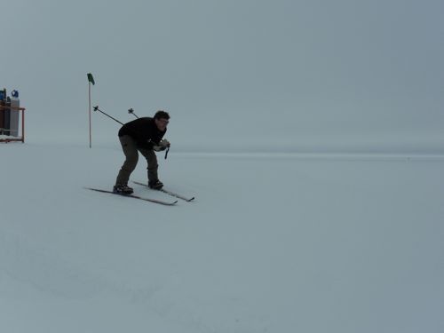 Nico skiing down the berm.