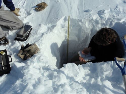 Nikko and Simon conducting snow pit analysis.