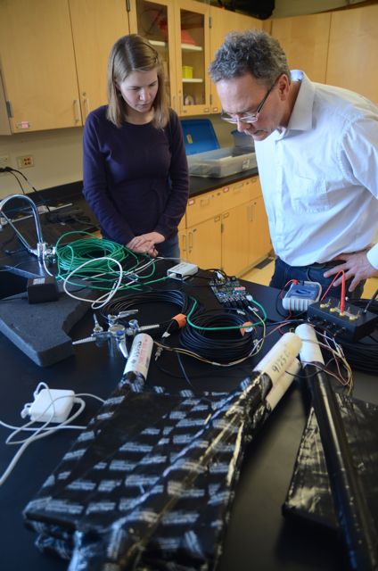 Claire and Jim Madsen working with cosmic ray detector
