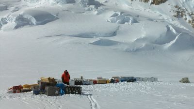Gear pile on Mount Hunter Ice Divide