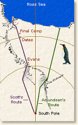 Map showing the alternate routes taken by Scott and Amundsen on their traverses