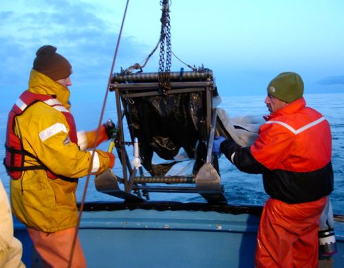 Bob and Phil prepare to deploy the Tucker Trawl at dawn on Friday.