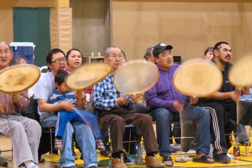 Inupiaq drummers at the Tikigaq School Point Hope Alaska. September 12, 2012. 