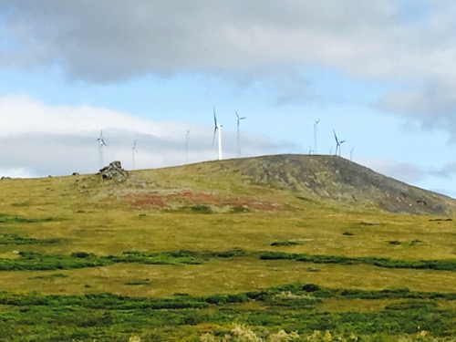 Wind vanes generating electricity in the hills behind the Anvil City Science Academy