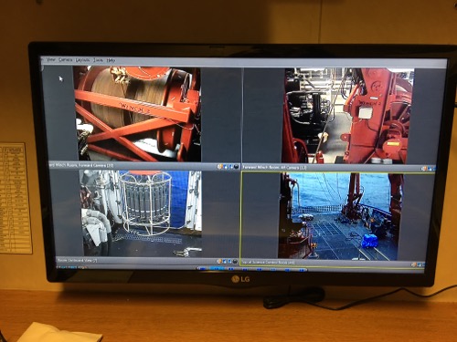 Televised live view of the CTD (lower left), winch (upper left) and deck (lower right).  August/September 2017.  Photo by Lisa Seff.