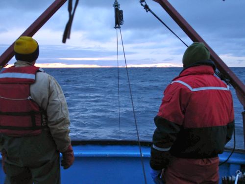 Steve and Phil watch the wire as we conduct a net tow 40 miles offshore.