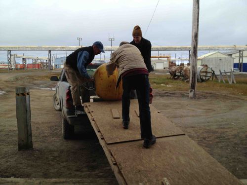 Phil, Steve, and Bob offloading a float from a mooring that we will be deploying