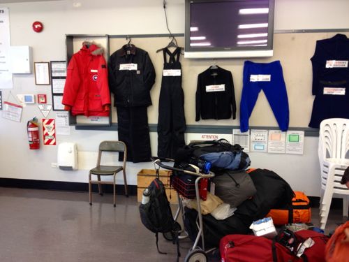 Clothing samples hanging on the wall at the Clothing Distribution Center.