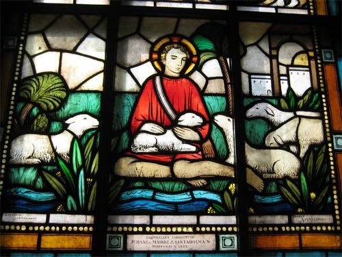 Stained glass window detail (lambs)