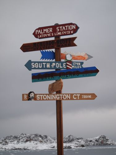 Directional sign post at Palmer Station, Antarctica