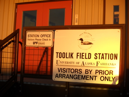 Toolik Field station sign on dining hall well after midnight