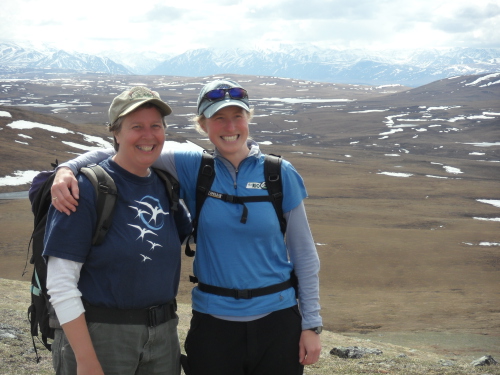 PolarTREC teachers Melissa Barker and Susan Steiner hiking near Toolik Field Sta