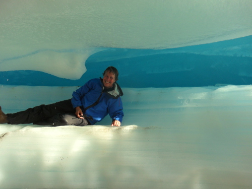 PolarTREC teacher Susan Steiner on an ice shelf formed from the aufeis