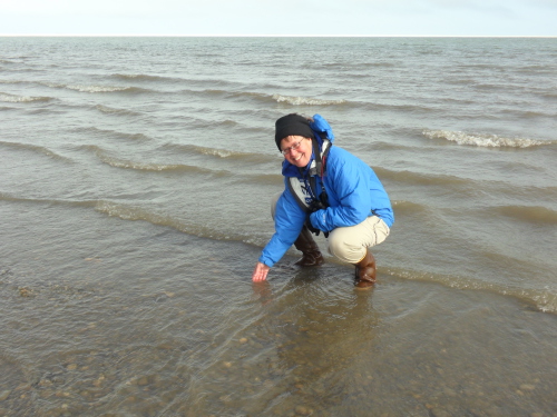PolarTREC teacher Susan Steiner dipping a hand into the Arctic Ocean