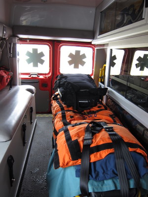 The inside of the ambulance.