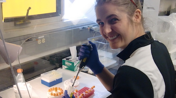 Lauren Watel adds enzymes to microbes to start the process of DNA extraction. Toolik Field Station, Alaska. Photo by Regina Brinker (PolarTREC 2014).