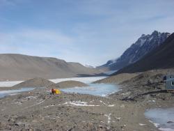 A view looking up Taylor Valley. Lake Hoare, Dry Valleys, Antarctica. Photo by Robin Ellwood.