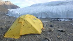 A tent in front of Canada Glacier at Lake Hoare Camp in Taylor Valley, Antarctica. Photo by Joshua Heward