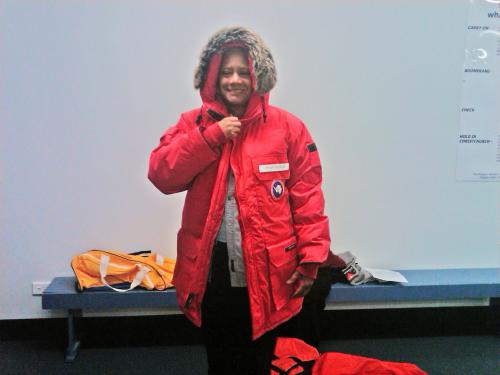 Photograph of Jackie Hams wearing Big Red.