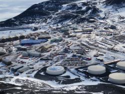 A view of McMurdo Station, Antarctica from halfway up Observation Hill. 