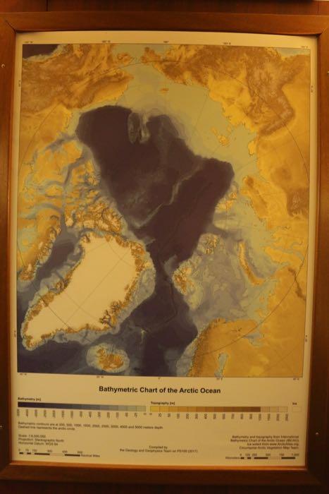 The Arctic Ocean is made up of shallow continental shelves (light blue on the chart) and the deeper basin of the Central Arctic Ocean (dark blue on the chart). Sea ice is transported around the Arctic Ocean by currents and winds. Researchers believe that much of the ice we are seeing here was formed in the Laptev Sea off of Russia (upper right in the map) and pushed northward to our location.  