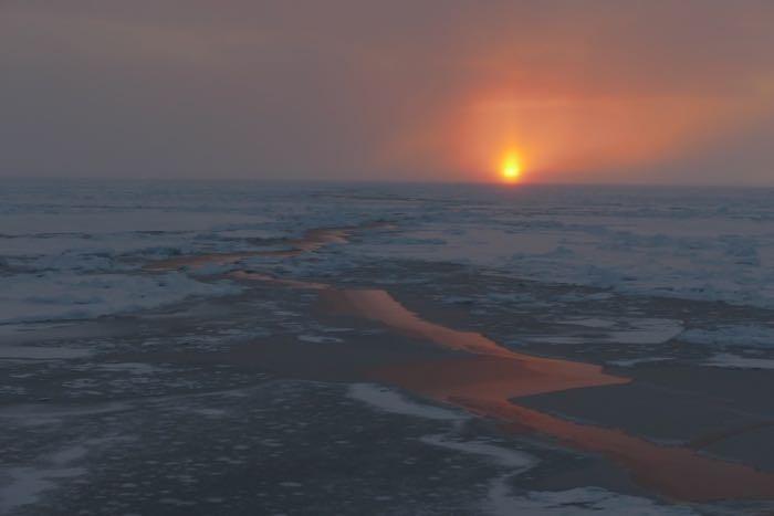 Sunset over sea ice. Tonight, the sun is setting. After it sinks below the horizon, the sun will not show itself at this northern latitude until early spring 2020. Photo by Bill Schomoker (PolarTREC 2015), Courtesy of ARCUS. 