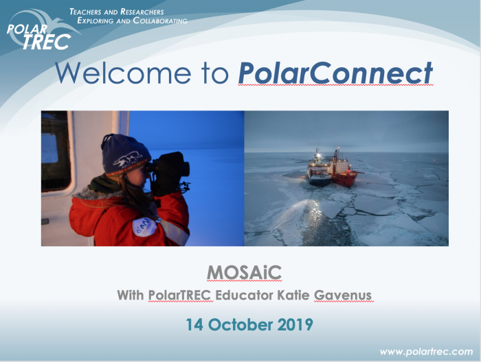 Advertisement for the PolarConnect Event with MOSAiC Expedition and educator Katie Gavenus on 14 October, 2019.