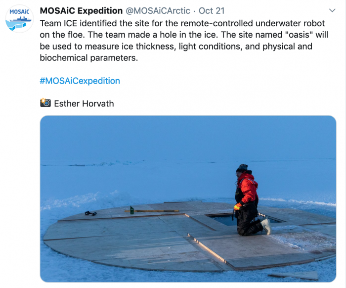 On a recent Twitter post from the MOSAiC Expedition, they shared an image of a hole where they will deploy an ROV to study what is under the sea ice. 