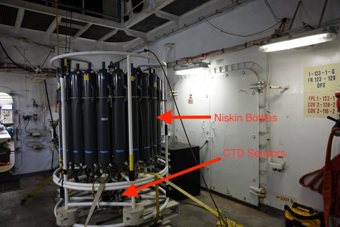 The CTD with the Niskin bottles at the top and the sensors underneath.