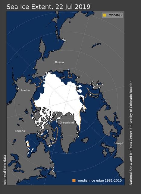 Sea ice extent on July 22, 2019 from the National Snow and Ice Data Center out of the University of Colorado Boulder.