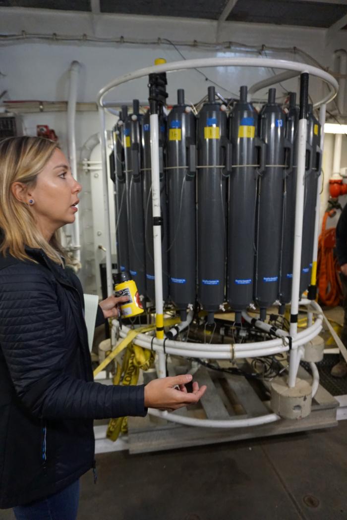 Leah McRaven from WHOI leads the CTD School for scientists on board the ship.