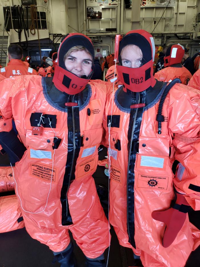 Piper Bartlett-Browne and Nicole Villeneuve in their immersion &amp;quot;gumby&amp;quot; suits.