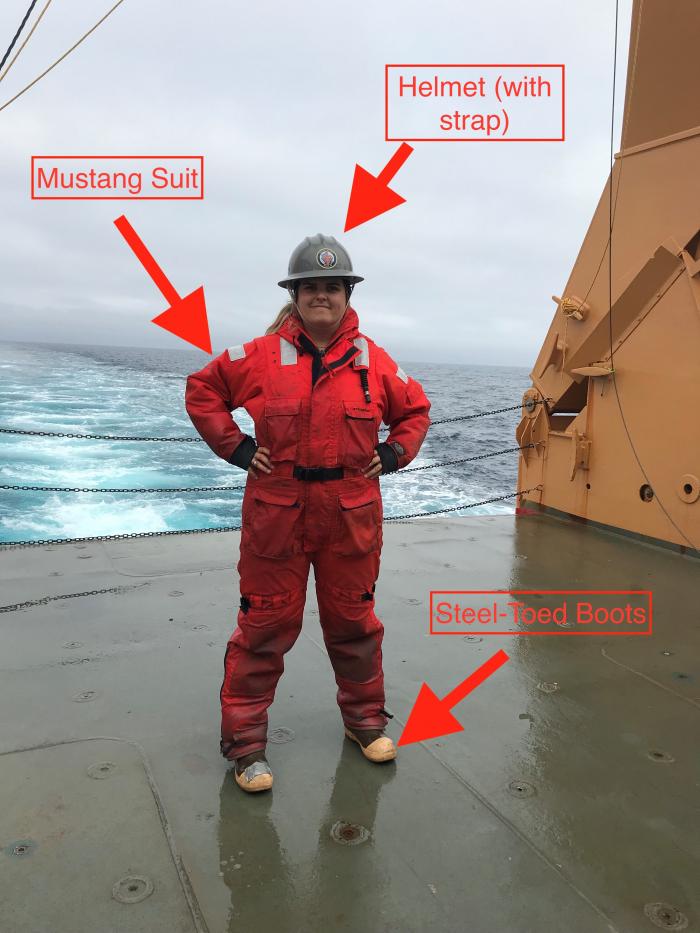 The safety attire required to be working on the back deck of the Healy.