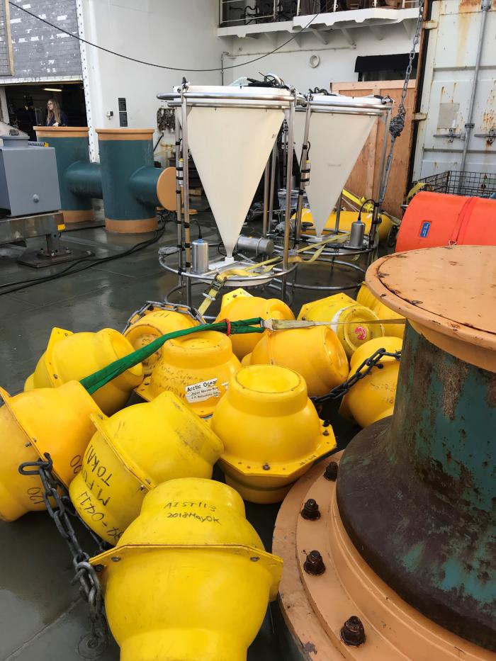The sediment trap with their float buoys on the deck of the Healy.
