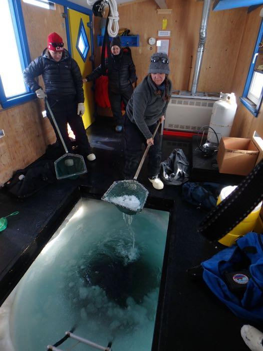 Scooping ice out of a dive hole in a dive hut