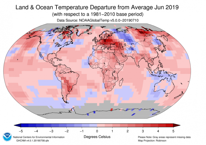 A map of the world showing temperature departure from averages.