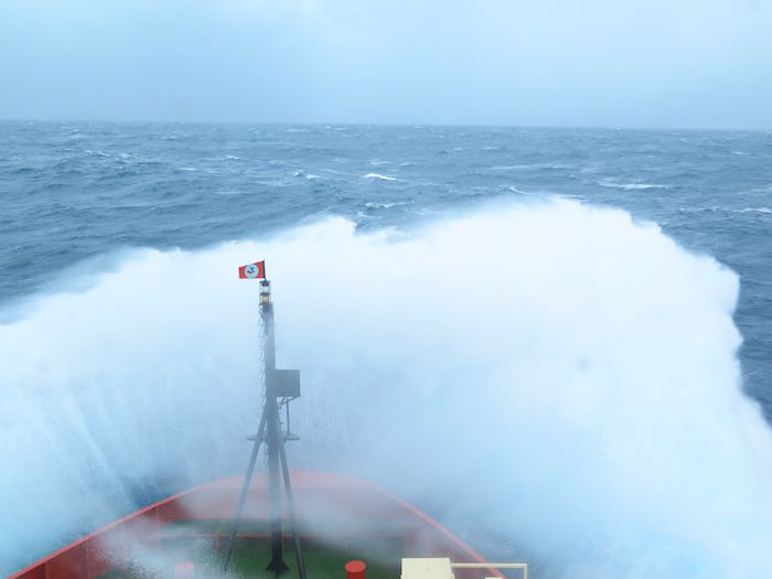 Waves crashing the bow of the RV Nathaniel Palmer. Photo by Jillian Worssam (PolarTREC 2014), Courtesy of ARCUS