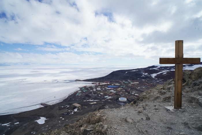 View from ObHill looking down at McMurdo Station and the Ross Sea