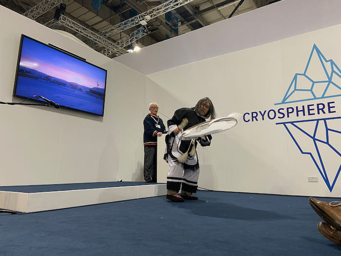 Inuit traditional dancing during Cryosphere Cèlidh: Inuit Night on November 5, 2021 at UNFCCC COP26 Cryosphere Pavilion in Glasgow Scotland. Photo by Sarah R. Johnson