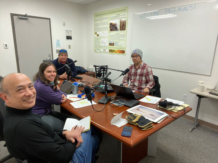 IABP team being interviewed by Eben Hopson for the National Science Foundation Arctic Science Sessions podcast at the UIC Barrow Arctic Research Center in Utqiaġvik, Alaska. Photo by Sarah R. Johnson 
