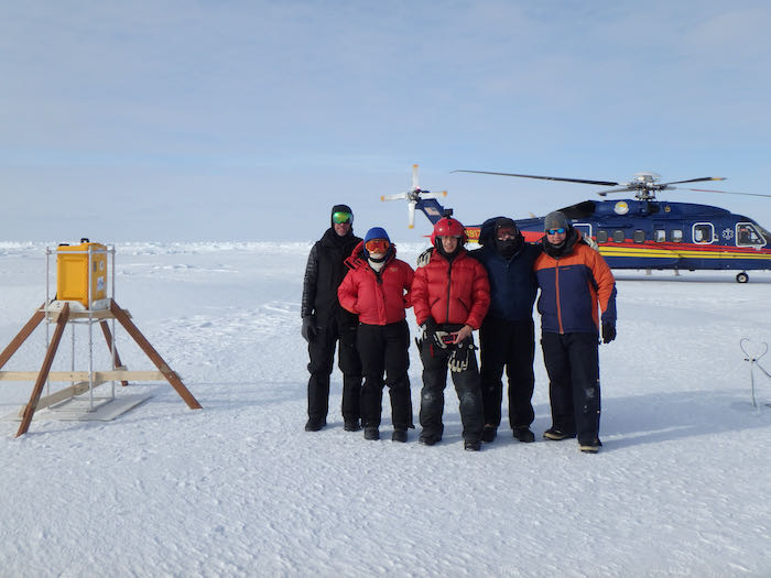 IABP team 100 miles north offshore from Point Barrow deploying buoys with the assistance and partnership of the North Slope Borough Search and Rescue helicopter and pilots. Photo by Art Dyer.