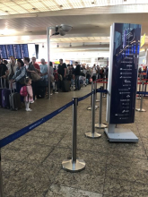 The line to check baggage at the Moscow Airport.